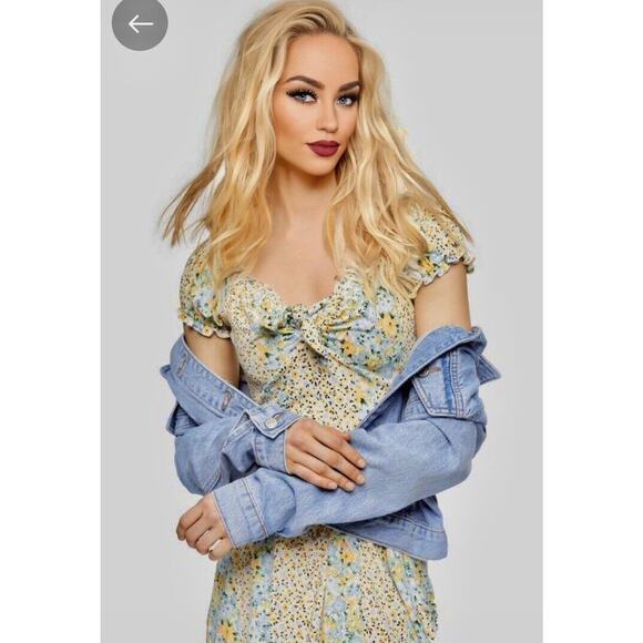 Topshop Cute Yellow Multi Color Ditsy Floral Off Shoulder Mini Puff Sleeve 4 - Picture 2 of 15